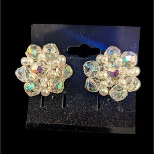 Vintage Aurora Borealis Crystal Bead Clip‎ Earrings sparkle marked Japan